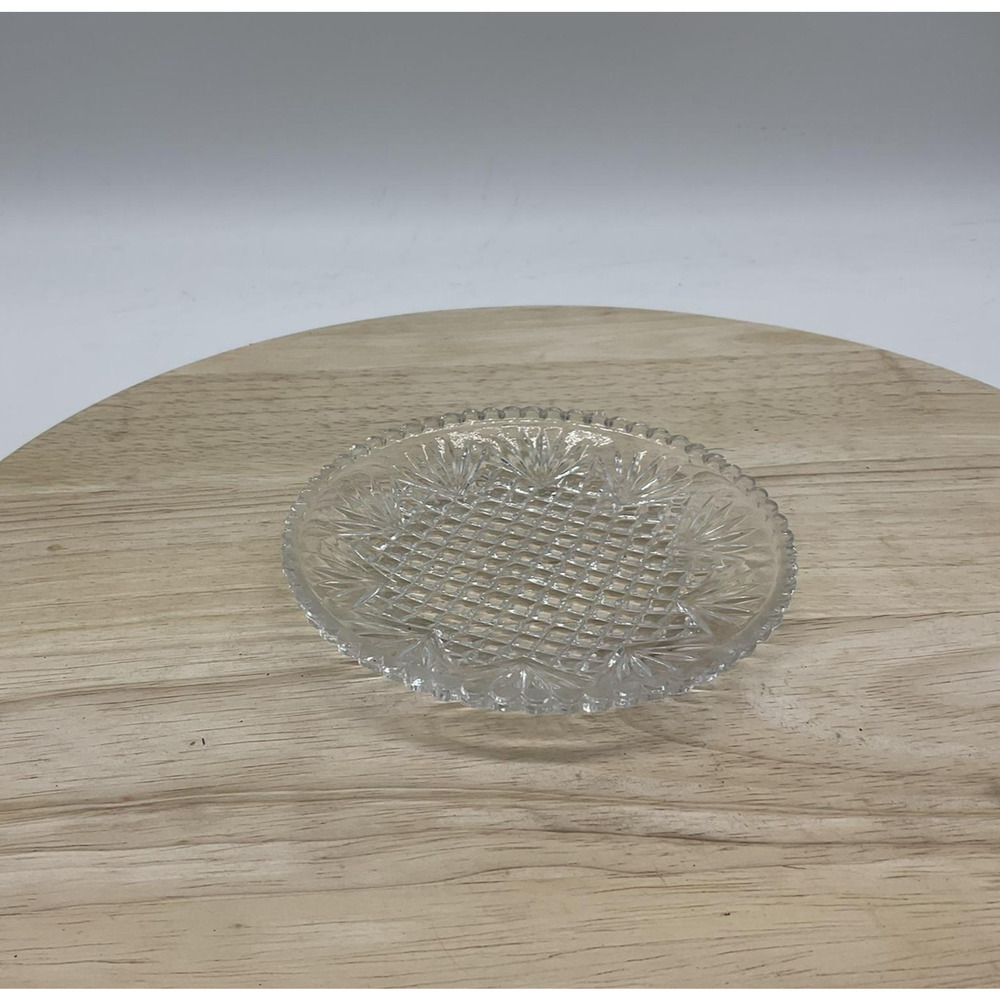 Pressed‎ Glass Round Dish Clear Starburst Diamond Pattern Plate Small Coaster